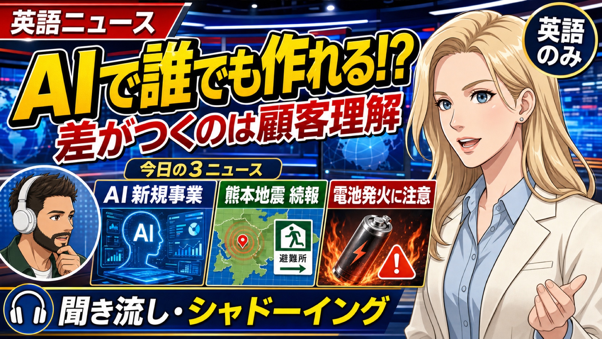 【シャドーイング付き英語ニュース】AI新時代！熊本豪雨！電池発火注意？ | リスニング強化