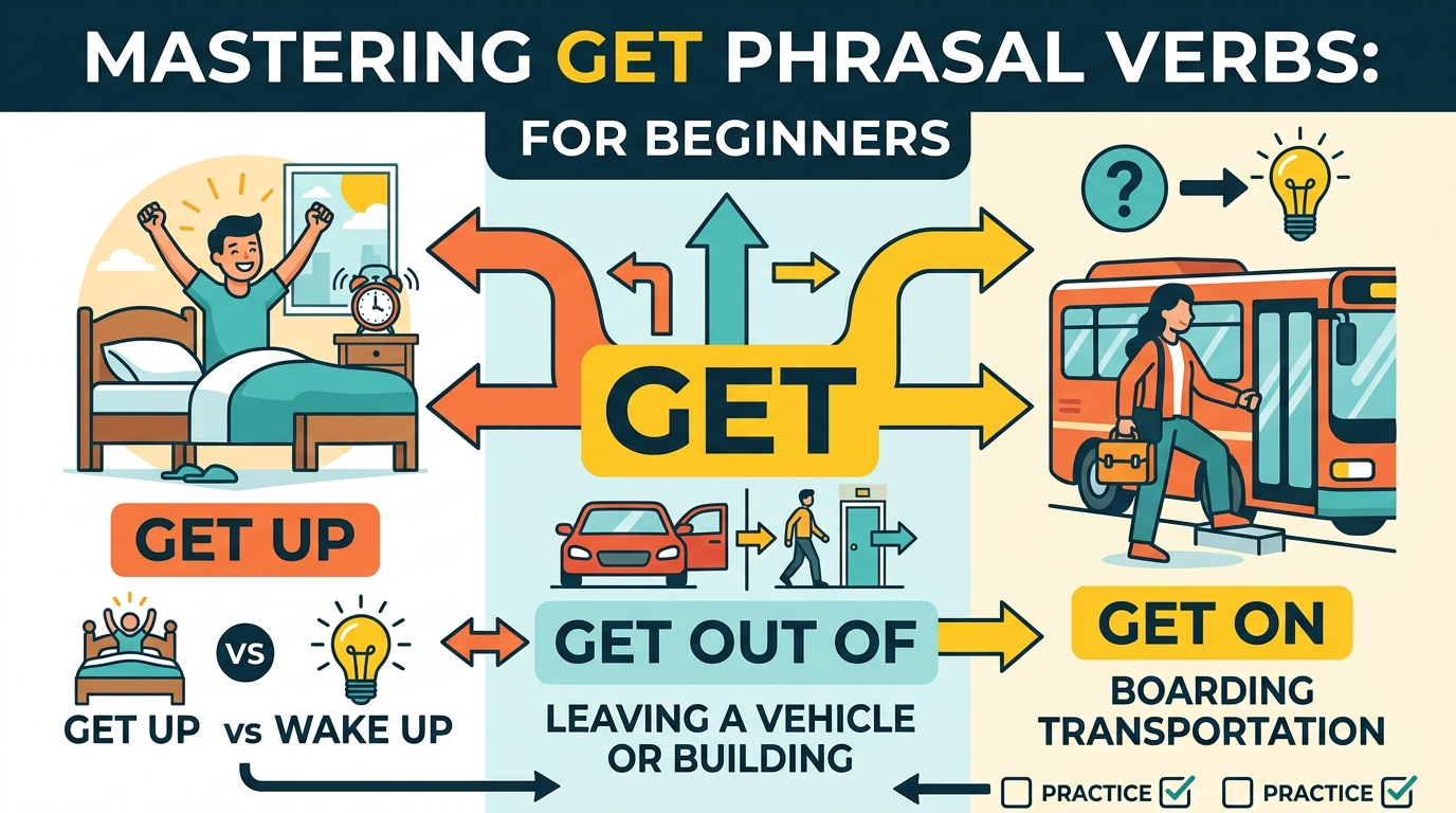 【語彙A2】get を卒業する：get up / get off / get back を「使い分け」まで（例文12＋練習10）