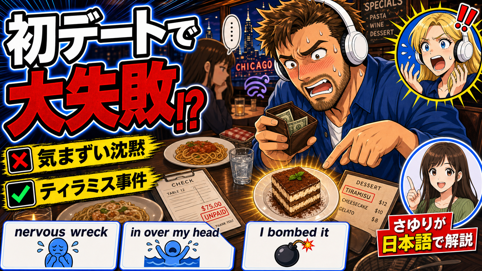 【日常英会話】日本語解説あり |  初デートで大失敗した16歳の時の話｜ティラミス事件・6つの英語フレーズ #英語学習 #ネイティブ英語会話  #リスニング強化 #英語耳