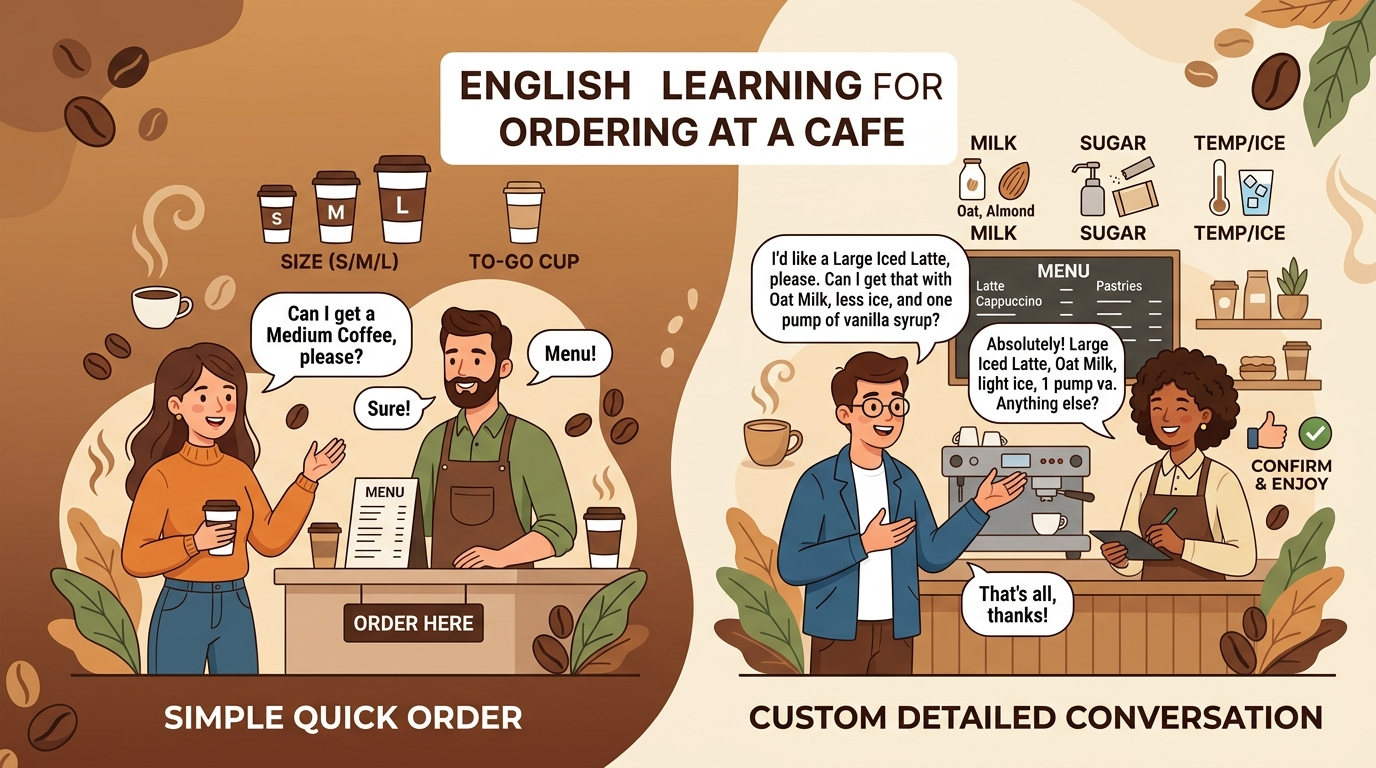 【英会話A2】カフェでの注文：初心者が「詰まるポイント」まで解決（会話2パターン＋練習10問）