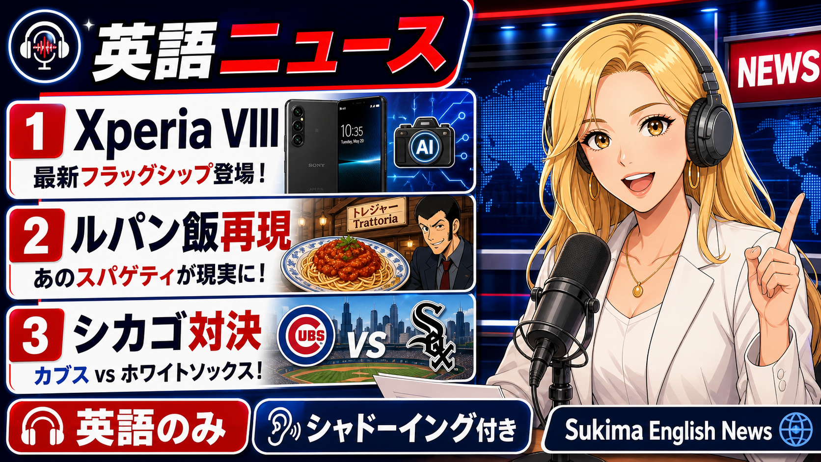 【シャドーイング付き英語ニュース】Xperia VIII登場！ルパン飯再現？メジャー対決！ | リスニング強化