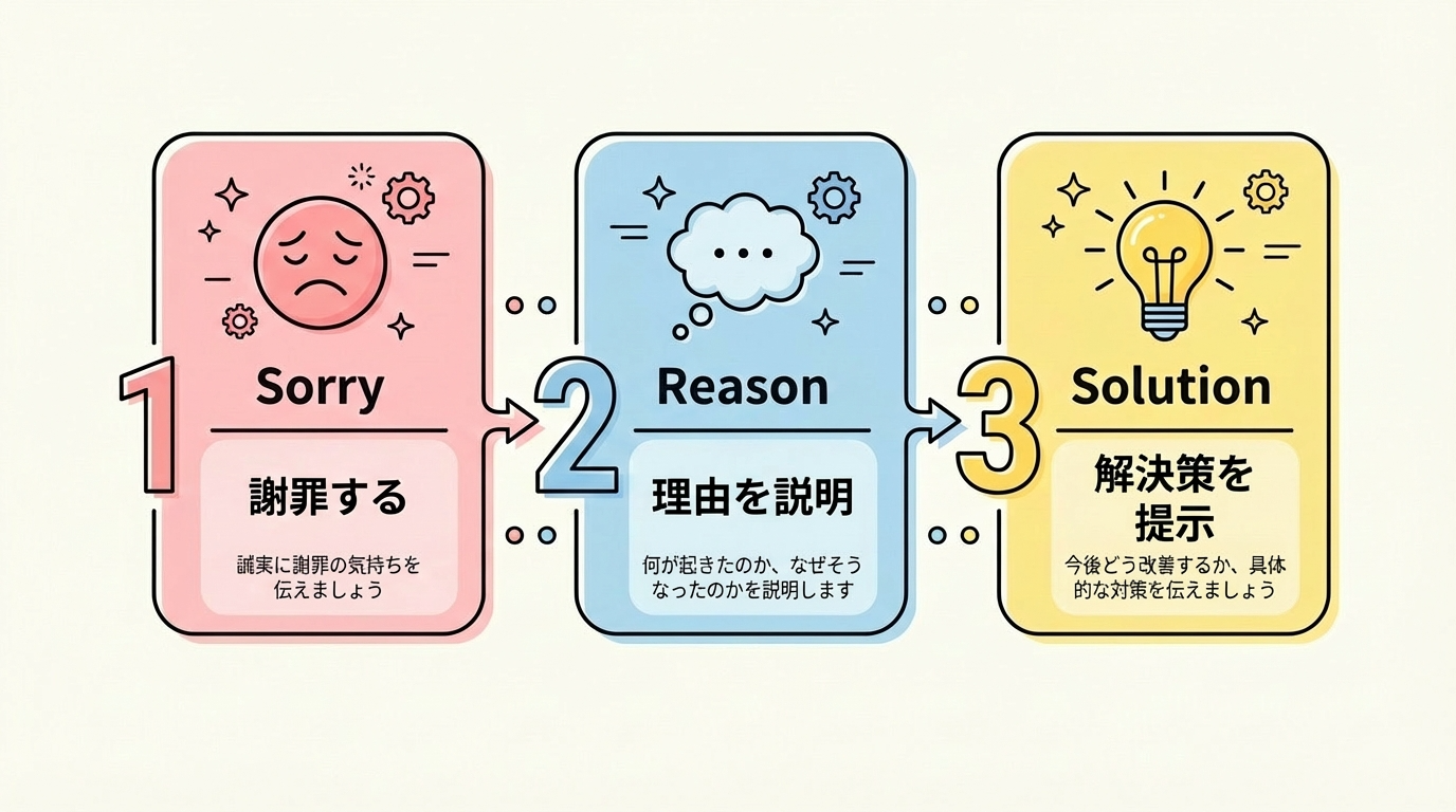謝罪会話の3ステップ（Sorry → 理由 → 解決策）