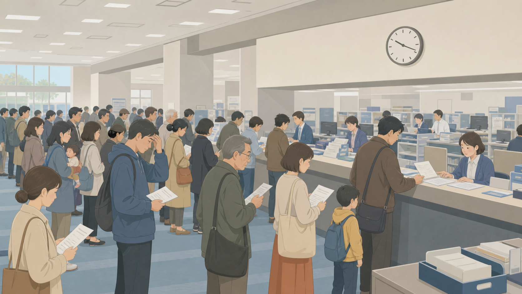 引っ越しシーズンの市役所混雑のイメージ